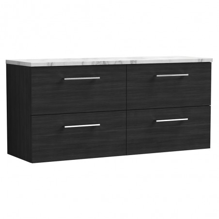 Arno 1200mm Wall Hung 4 Drawer Vanity Unit & Laminate Worktop - Charcoal Black Woodgrain/Carrera Marble