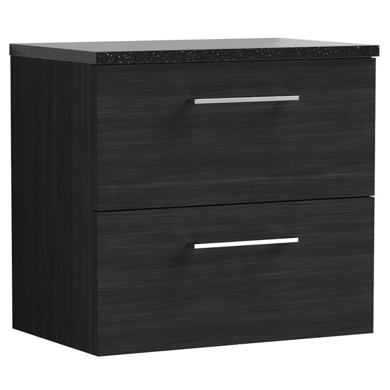 Arno 600mm Wall Hung 2 Drawer Vanity Unit with Laminate Top - Charcoal Black Woodgrain Arno 600mm Wall Hung 2 Drawer Vanity Unit with Laminate Top - Charcoal Black Woodgrain