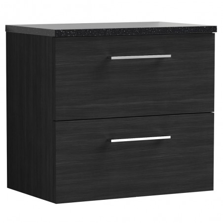 Arno 600mm Wall Hung 2 Drawer Vanity Unit with Laminate Top - Charcoal Black Woodgrain