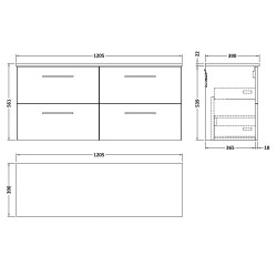 Arno 1200mm Wall Hung 4 Drawer Vanity Unit & Laminate Worktop - Charcoal Black Woodgrain/Sparkle Black - Technical Drawing
