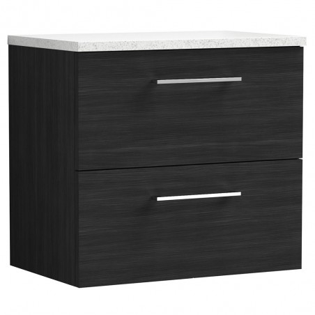 Arno 600mm Wall Hung 2 Drawer Vanity Unit with Laminate Top - Charcoal Black Woodgrain