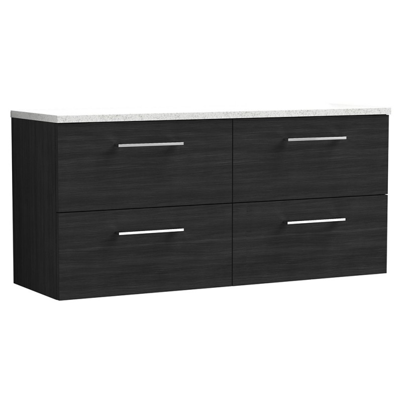 Arno 1200mm Wall Hung 4 Drawer Vanity Unit & Laminate Worktop - Charcoal Black Woodgrain/Sparkle White Arno 1200mm Wall Hung 4 Drawer Vanity Unit & Laminate Worktop - Charcoal Black Woodgrain/Sparkle White