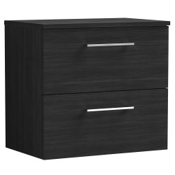 Arno 600mm Wall Hung 2 Drawer Vanity Unit with Worktop - Charcoal Black Woodgrain