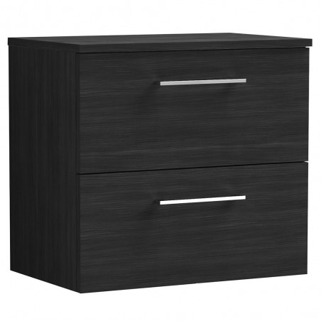 Arno 600mm Wall Hung 2 Drawer Vanity Unit with Worktop - Charcoal Black Woodgrain