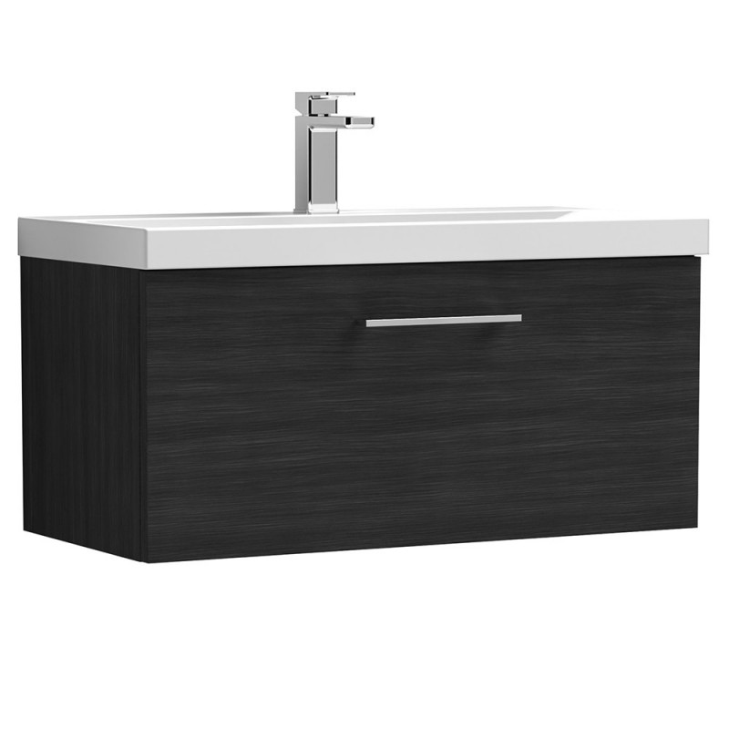 Arno 800mm Wall Hung Single Drawer Vanity Unit with Mid-Edge Basin - Charcoal Black Woodgrain