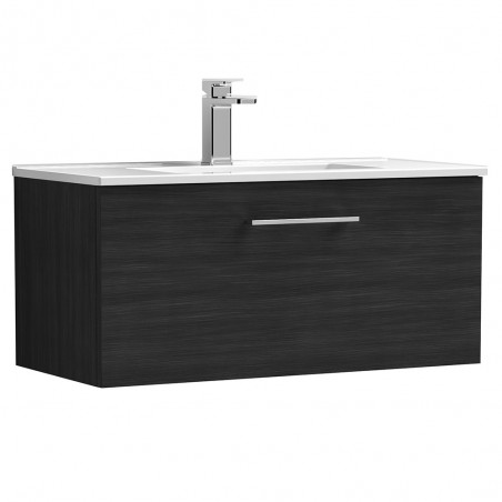 Arno 800mm Wall Hung Single Drawer Vanity Unit with Minimalist Basin - Charcoal Black Woodgrain