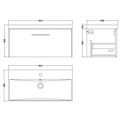 Arno 800mm Wall Hung Single Drawer Vanity Unit with Thin-Edge Basin - Charcoal Black Woodgrain - Technical Drawing