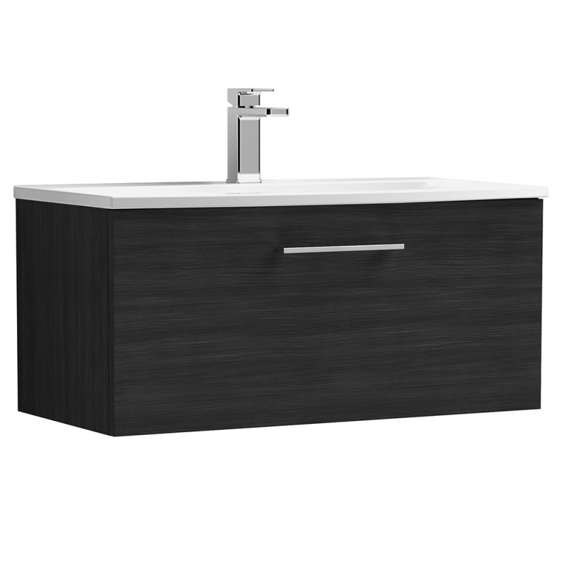 Arno 800mm Wall Hung Single Drawer Vanity Unit with Curved Basin - Charcoal Black Woodgrain