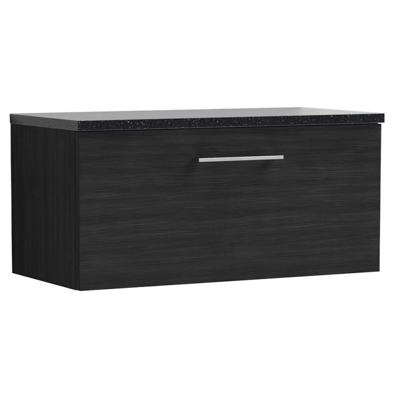 Arno 800mm Wall Hung Single Drawer Vanity Unit with Laminate Top - Charcoal Black Woodgrain