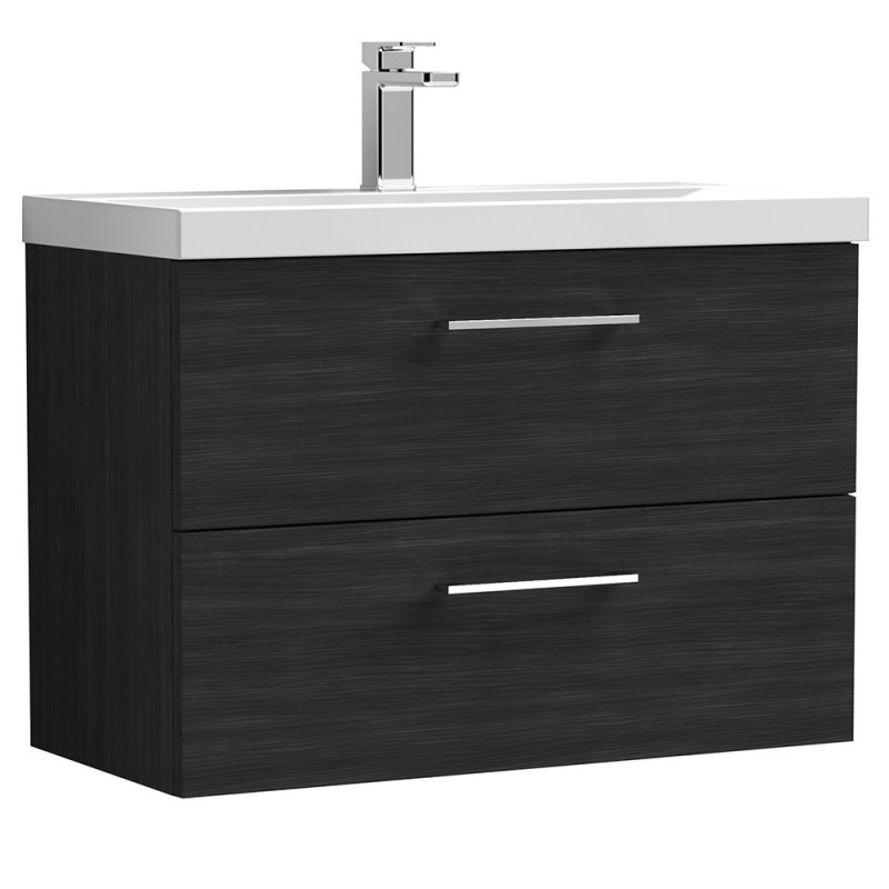 Arno 800mm Wall Hung 2 Drawer Vanity Unit with Mid-Edge Basin - Charcoal Black Woodgrain