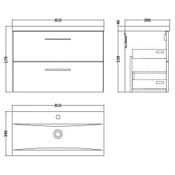 Arno 800mm Wall Hung 2 Drawer Vanity Unit with Mid-Edge Basin - Charcoal Black Woodgrain - Technical Drawing