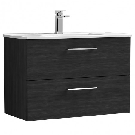 Arno 800mm Wall Hung 2 Drawer Vanity Unit with Minimalist Basin - Charcoal Black Woodgrain