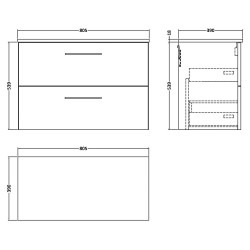 Arno 800mm Wall Hung 2 Drawer Vanity Unit with Worktop - Charcoal Black Woodgrain - Technical Drawing