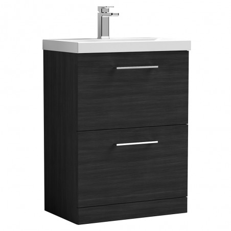 Arno 600mm Freestanding 2 Drawer Vanity Unit with Mid-Edge Basin - Charcoal Black Woodgrain