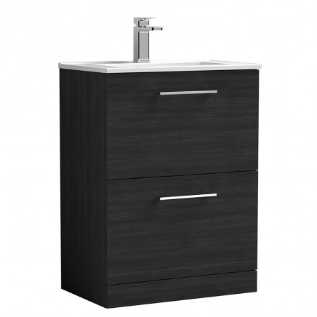 Arno 600mm Freestanding 2 Drawer Vanity Unit with Minimalist Basin - Charcoal Black Woodgrain