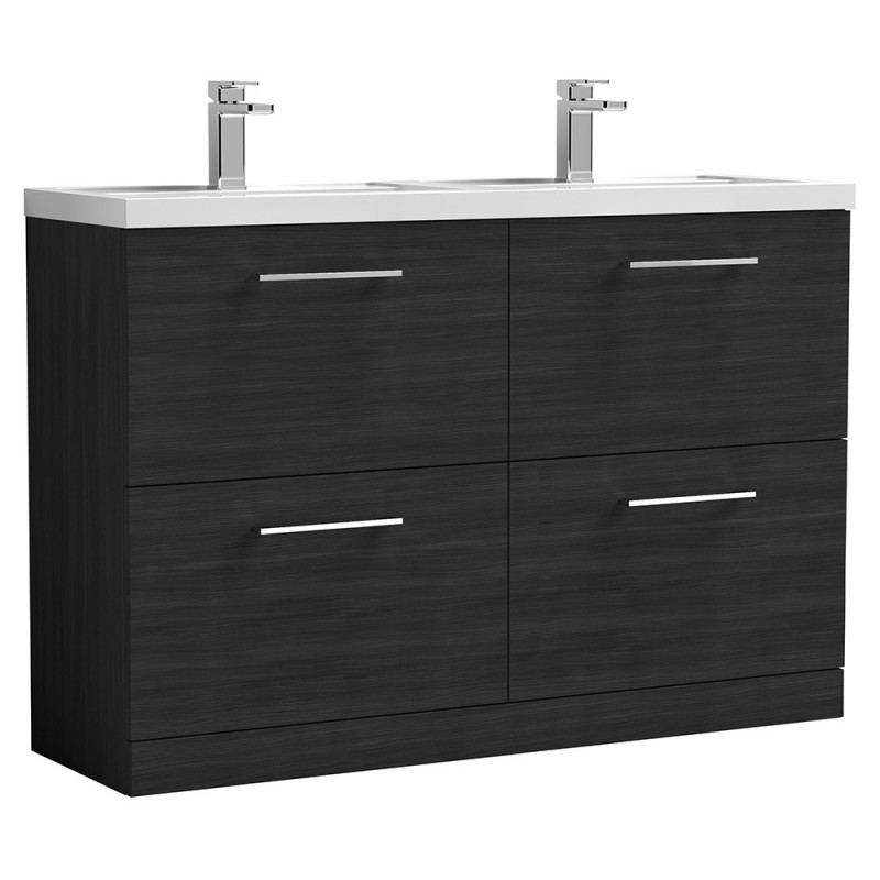 Arno 1200mm Freestanding 4 Drawer Vanity Unit with Double Polymarble Basin - Charcoal Black Woodgrain Arno 1200mm Freestanding 4 Drawer Vanity Unit with Double Polymarble Basin - Charcoal Black Woodgrain