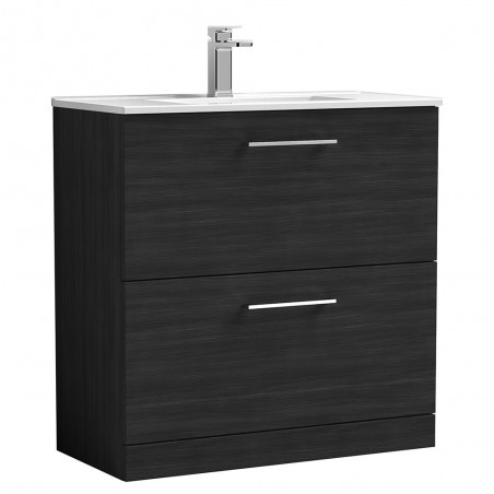 Arno 800mm Freestanding 2 Drawer Vanity Unit with Minimalist Basin - Charcoal Black Woodgrain