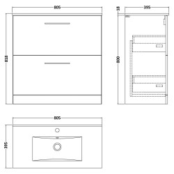 Arno 800mm Freestanding 2 Drawer Vanity Unit with Minimalist Basin - Charcoal Black Woodgrain - Technical Drawing