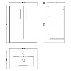 Arno 600mm Freestanding 2 Door Vanity Unit with Minimalist Basin - Satin Green - Technical Drawing