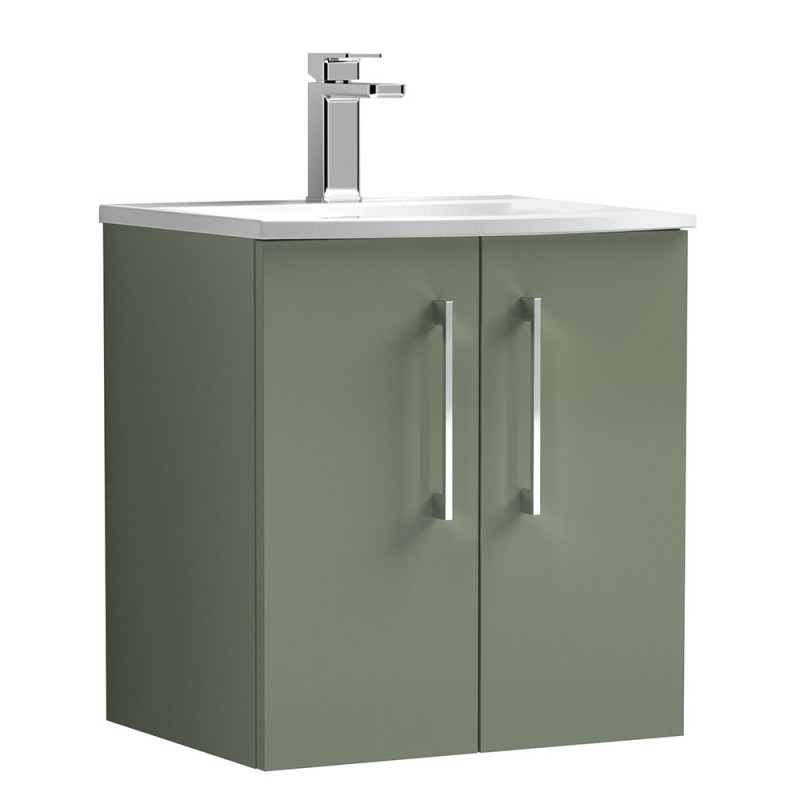 Arno 500mm Wall Hung 2 Door Vanity Unit with Curved Basin - Satin Green Arno 500mm Wall Hung 2 Door Vanity Unit with Curved Basin - Satin Green