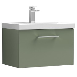 Arno 600mm Wall Hung Single Drawer Vanity Unit with Mid-Edge Basin - Satin Green
