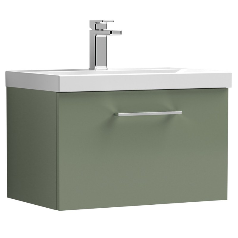 Arno 600mm Wall Hung Single Drawer Vanity Unit with Mid-Edge Basin - Satin Green Arno 600mm Wall Hung Single Drawer Vanity Unit with Mid-Edge Basin - Satin Green