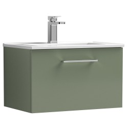 Arno 600mm Wall Hung Single Drawer Vanity Unit with Minimalist Basin - Satin Green