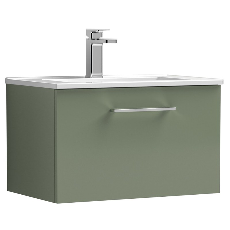 Arno 600mm Wall Hung Single Drawer Vanity Unit with Minimalist Basin - Satin Green Arno 600mm Wall Hung Single Drawer Vanity Unit with Minimalist Basin - Satin Green