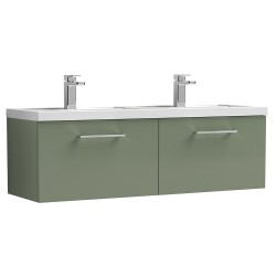 Arno 1200mm Wall Hung 2 Drawer Vanity Unit with Double Polymarble Basin - Satin Green