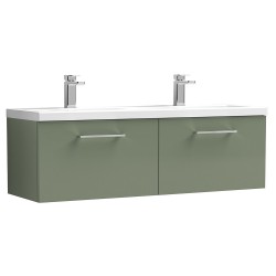 Arno 1200mm Wall Hung 2 Drawer Vanity Unit with Double Ceramic Basin - Satin Green