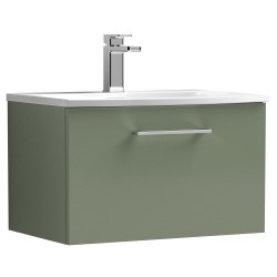 Arno 600mm Wall Hung Single Drawer Vanity Unit with Curved Basin - Satin Green