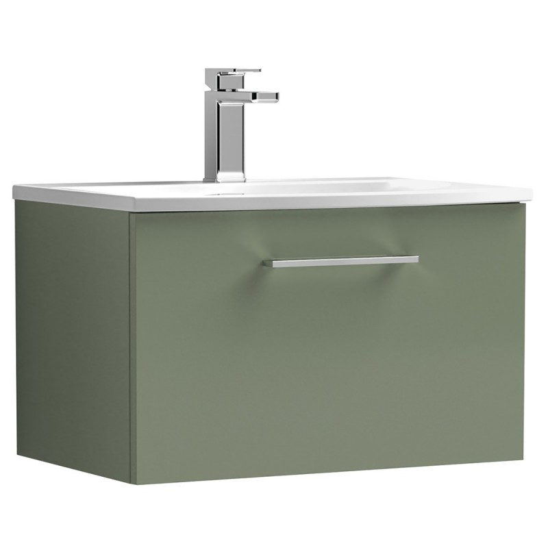 Arno 600mm Wall Hung Single Drawer Vanity Unit with Curved Basin - Satin Green Arno 600mm Wall Hung Single Drawer Vanity Unit with Curved Basin - Satin Green