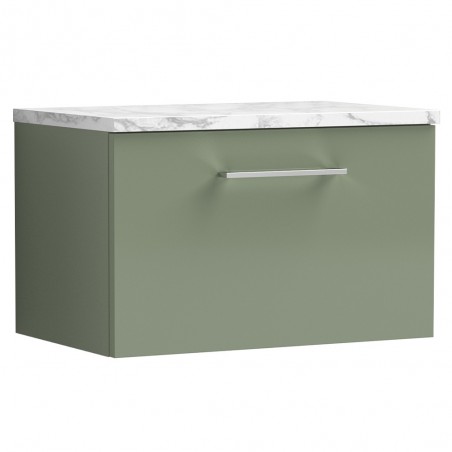 Arno 600mm Wall Hung Single Drawer Vanity Unit & Laminate Worktop - Satin Green/Carrera Marble