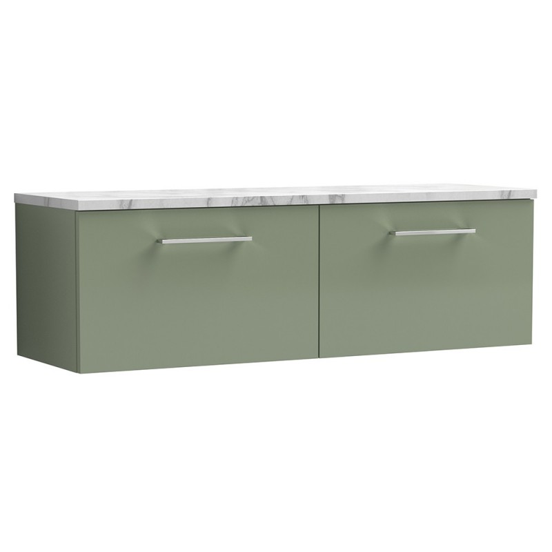 Arno 1200mm Wall Hung 2 Drawer Vanity Unit & Laminate Worktop - Satin Green/Carrera Marble Arno 1200mm Wall Hung 2 Drawer Vanity Unit & Laminate Worktop - Satin Green/Carrera Marble