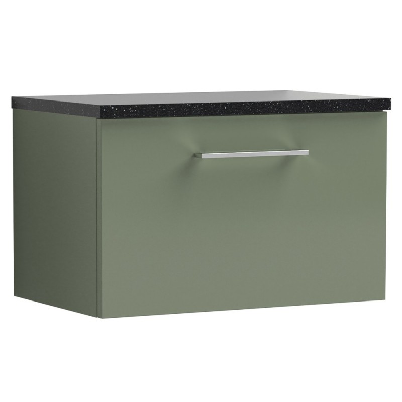 Arno 600mm Wall Hung Single Drawer Vanity Unit with Laminate Top - Satin Green Arno 600mm Wall Hung Single Drawer Vanity Unit with Laminate Top - Satin Green
