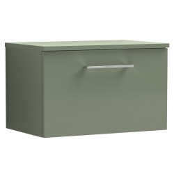 Arno 600mm Wall Hung Single Drawer Vanity Unit with Worktop - Satin Green