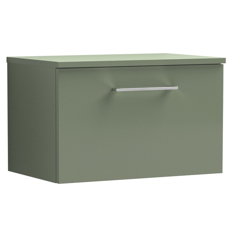 Arno 600mm Wall Hung Single Drawer Vanity Unit with Worktop - Satin Green Arno 600mm Wall Hung Single Drawer Vanity Unit with Worktop - Satin Green