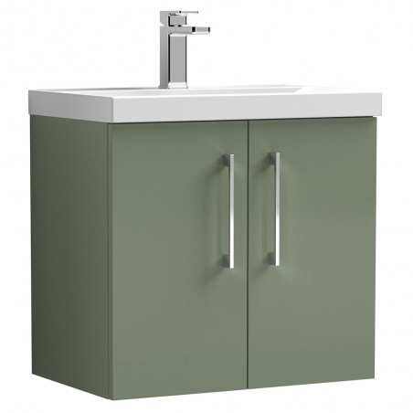 Arno 600mm Wall Hung 2 Door Vanity Unit with Mid-Edge Basin - Satin Green