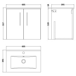 Arno 600mm Wall Hung 2 Door Vanity Unit with Minimalist Basin - Satin Green - Technical Drawing