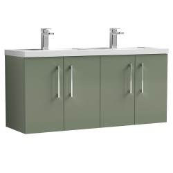Arno 1200mm Wall Hung 4 Door Vanity Unit with Double Polymarble Basin - Satin Green
