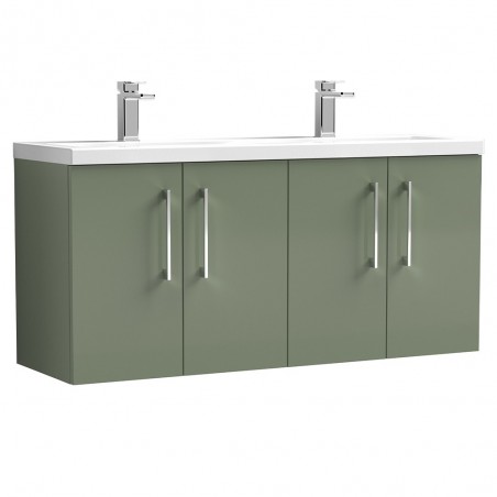 Arno 1200mm Wall Hung 4 Door Vanity Unit with Double Ceramic Basin - Satin Green