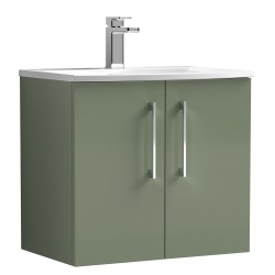 Arno 600mm Wall Hung 2 Door Vanity Unit with Curved Basin - Satin Green