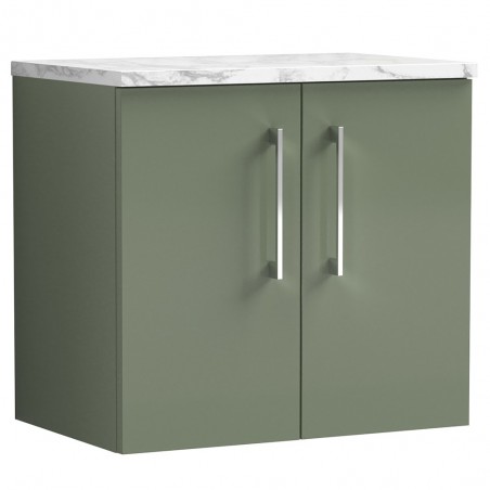 Arno 600mm Wall Hung 2 Door Vanity Unit & Laminate Worktop - Satin Green/Carrera Marble