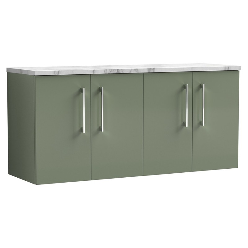 Arno 1200mm Wall Hung 4 Door Vanity Unit & Laminate Worktop - Satin Green/Carrera Marble Arno 1200mm Wall Hung 4 Door Vanity Unit & Laminate Worktop - Satin Green/Carrera Marble