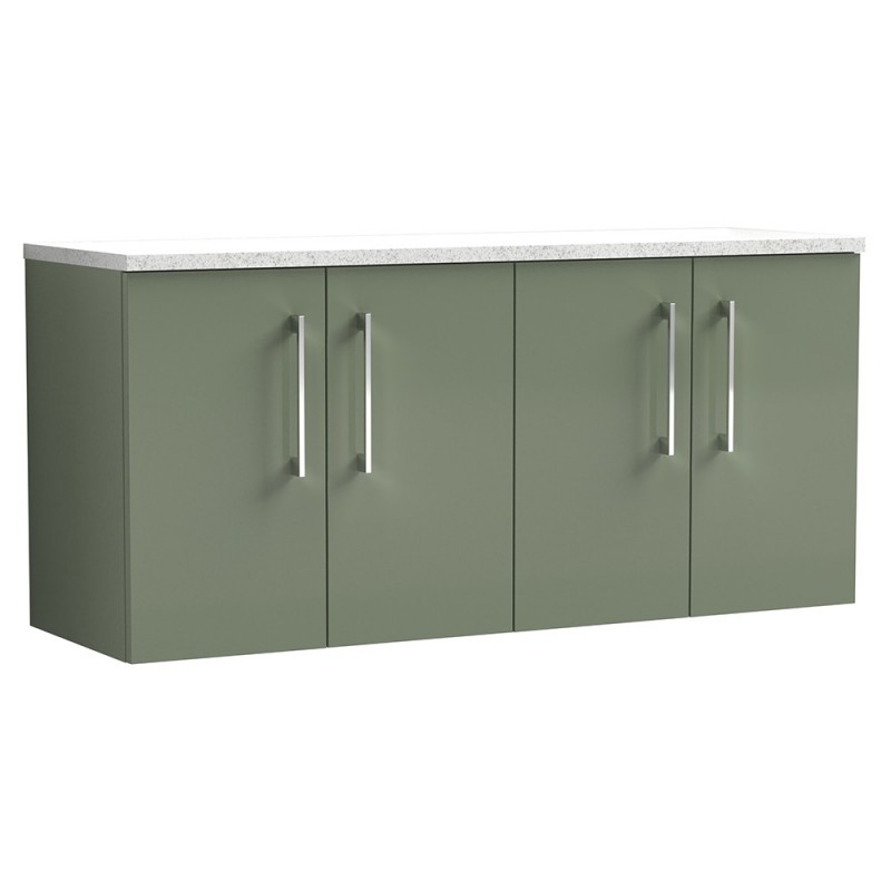 Arno 1200mm Wall Hung 4 Door Vanity Unit & Laminate Worktop - Satin Green/Sparkle White Arno 1200mm Wall Hung 4 Door Vanity Unit & Laminate Worktop - Satin Green/Sparkle White