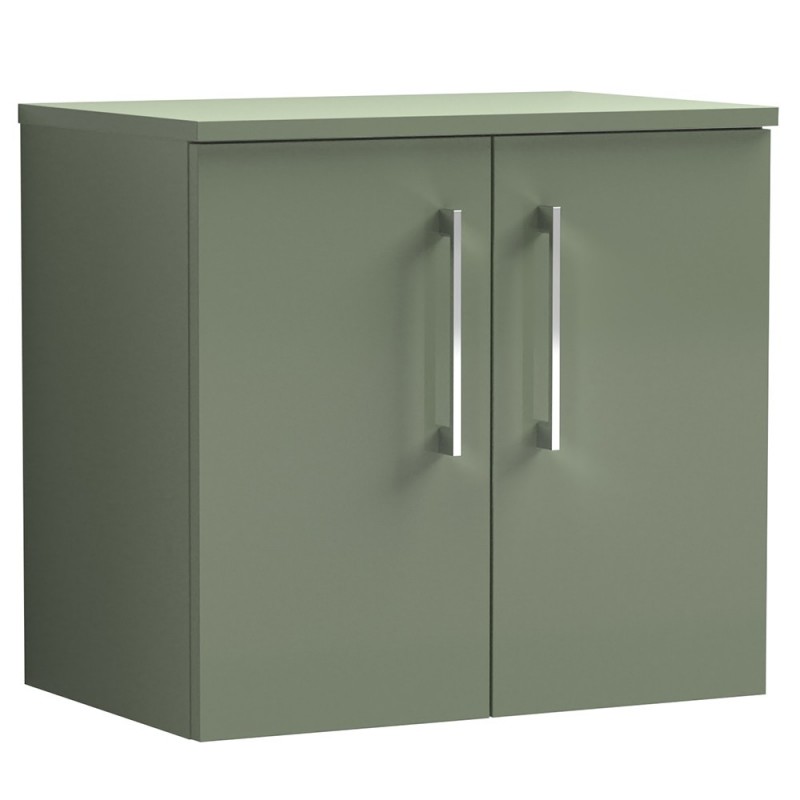 Arno 600mm Wall Hung 2 Door Vanity Unit with Worktop - Satin Green Arno 600mm Wall Hung 2 Door Vanity Unit with Worktop - Satin Green