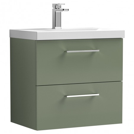 Arno 600mm Wall Hung 2 Drawer Vanity Unit with Mid-Edge Basin - Satin Green