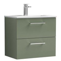 Arno 600mm Wall Hung 2 Drawer Vanity Unit with Minimalist Basin - Satin Green