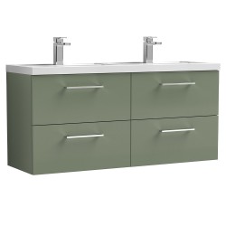 Arno 1200mm Wall Hung 4 Drawer Vanity Unit with Double Polymarble Basin - Satin Green