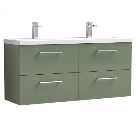 Arno 1200mm Wall Hung 4 Drawer Vanity Unit with Double Ceramic Basin - Satin Green